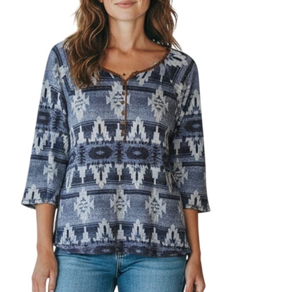 LRL Lauren Jeans Aztec Western Top Womens Size 2X Blue w/ Brown Trim Raglan Tee